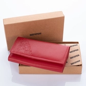 Valódi bőr brifkó pénztárca piros színben díszdobozban virág mintával RFID védelemmel
