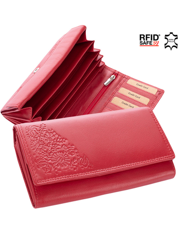 Valódi bőr brifkó pénztárca piros színben díszdobozban virág mintával