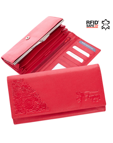 Virágmintás bőr piros női pénztárca RFID védelemmel díszdobozban