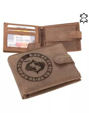 Bőr pénztárca barna színben Horoszkóp mintával RFID védelemmel Halak 5702-pisces