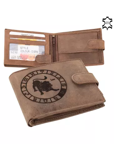 Bőr pénztárca barna színben Horoszkóp mintával Oroszlán RFID védelemmel 5702-leo