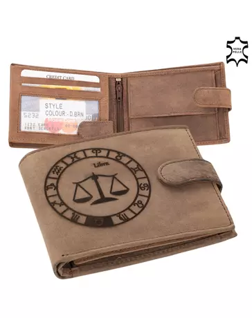 Bőr  pénztárca barna színben Horoszkóp mintával Mérleg RFID védelemmel 5702-libra