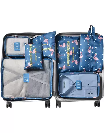 Bőröndrendező táskák utazáshoz 7 db-os szett sötétkék flamingó