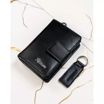 Valódi bőr pénztárca + kulcsatartó Ajándékcsomag fekete színben