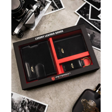 Peterson Valódi Bőr férfi pénztárca kulcstartó és kártyatartó Ajándékcsomag