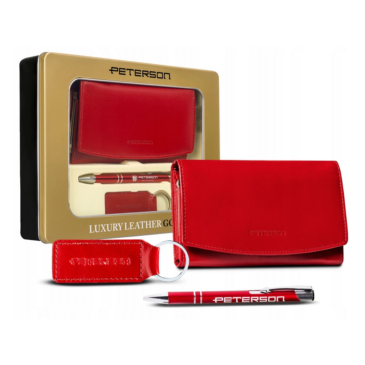 Peterson Valódi bőr pénztárca + kulcsatartó toll Ajándékcsomag piros színben