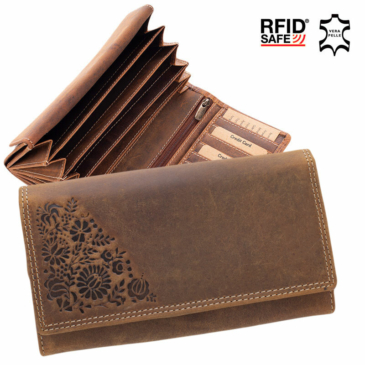 Valódi bőr brifkó pénztárca barna színben díszdobozban virág mintával