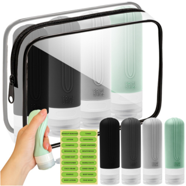 Utazópalackok repülőgépekre kozmetikumokhoz, tárolók + utazó kozmetikai táska + matricák