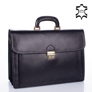 Maxmoda olasz tripla rekeszes vágott zsebes férfi fekete bőr aktatáska