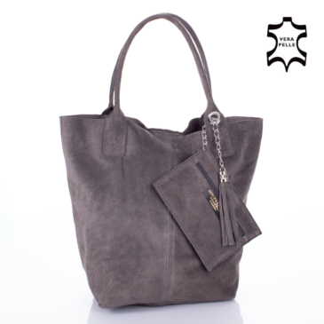 Valódi velúrbőr női táska sötétszürke színben