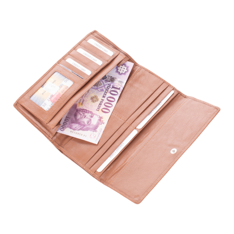 Bőr női pénztárca világosbarna színben sok kártyatartóval