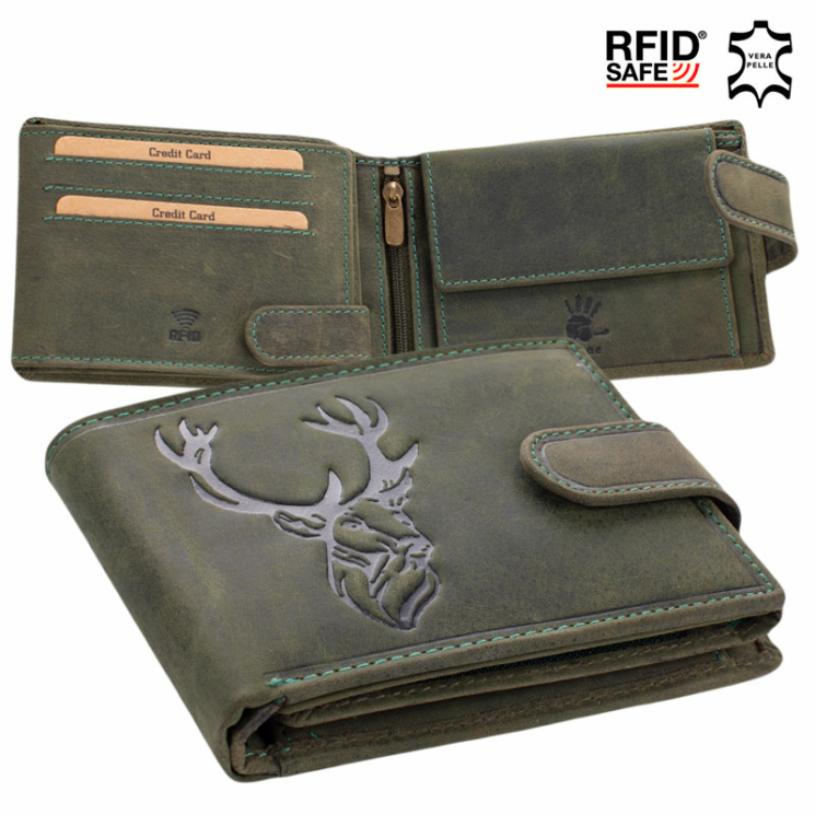Giulio vadász pénztárca  szarvas mintával RFID rendszerrel zöld színben