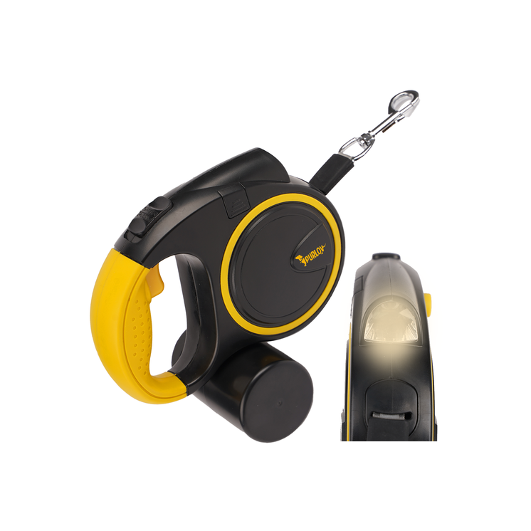 Automata kutyapóráz 10–25 kg-ig, LED-es zseblámpával, zacskó adagolóval, 5 m 