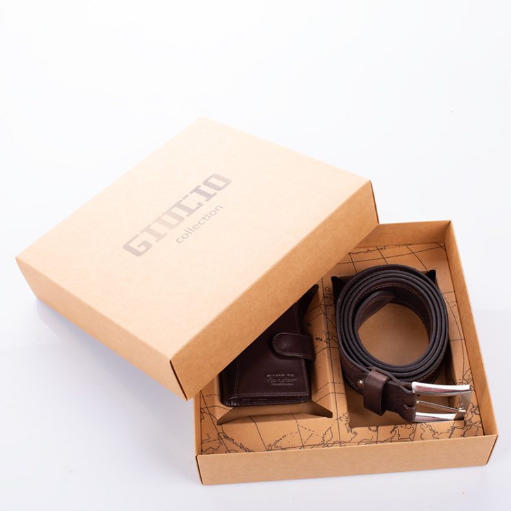 GIULIO Valódi bőr kártyatartó és öv ajándékcsomag Barna színben