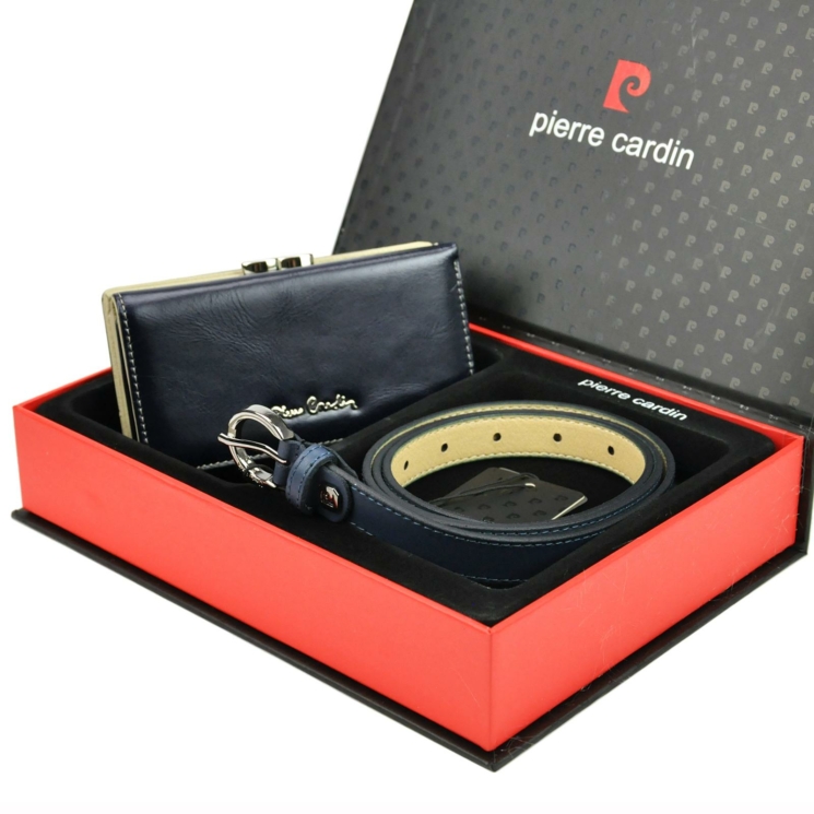 Pierre Cardin Női Bőr pénztárca és öv ajándékcsomag kék színben