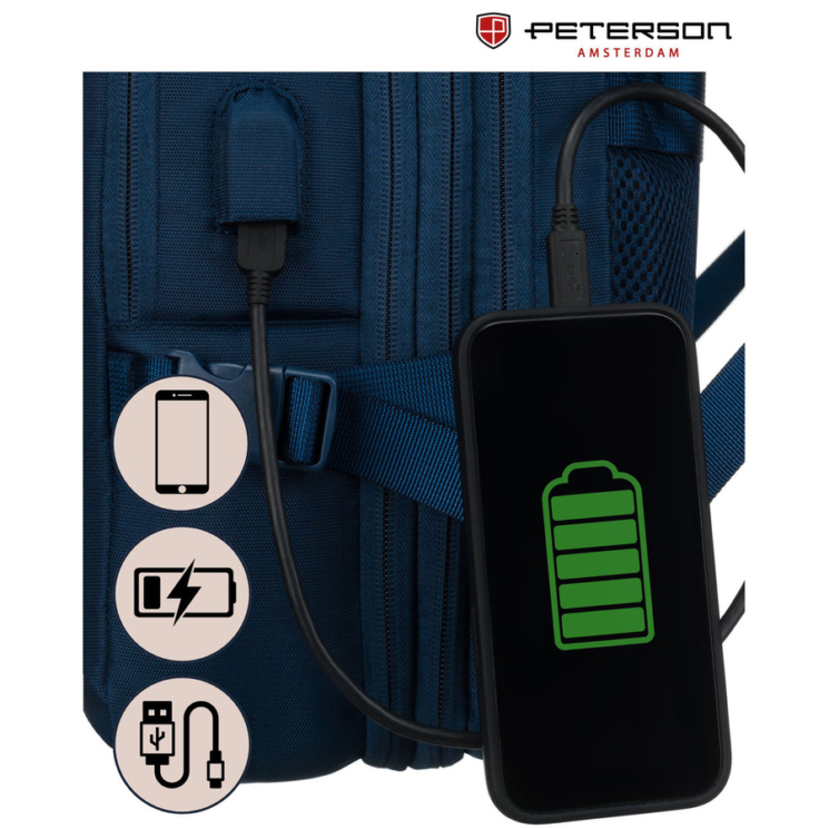 Peterson extrabővíthető sötétkék színű hátizsák kézipoggyász méretben 40 x 30 x 20 cm