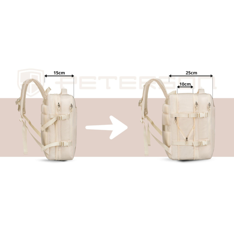 Peterson extrabővíthető bézs színű hátizsák kézipoggyász méretben 40 x 30 x 20 cm