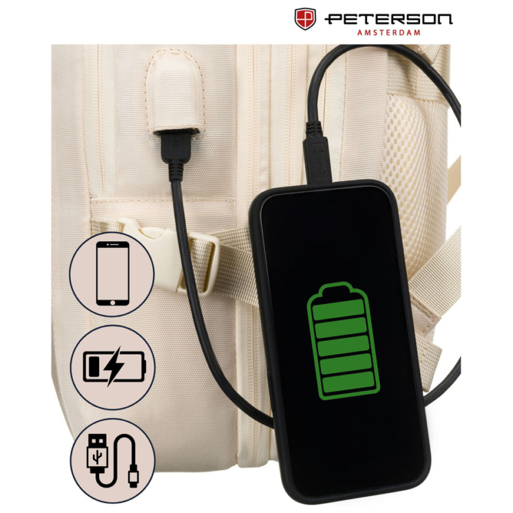 Peterson extrabővíthető bézs színű hátizsák kézipoggyász méretben 40 x 30 x 20 cm