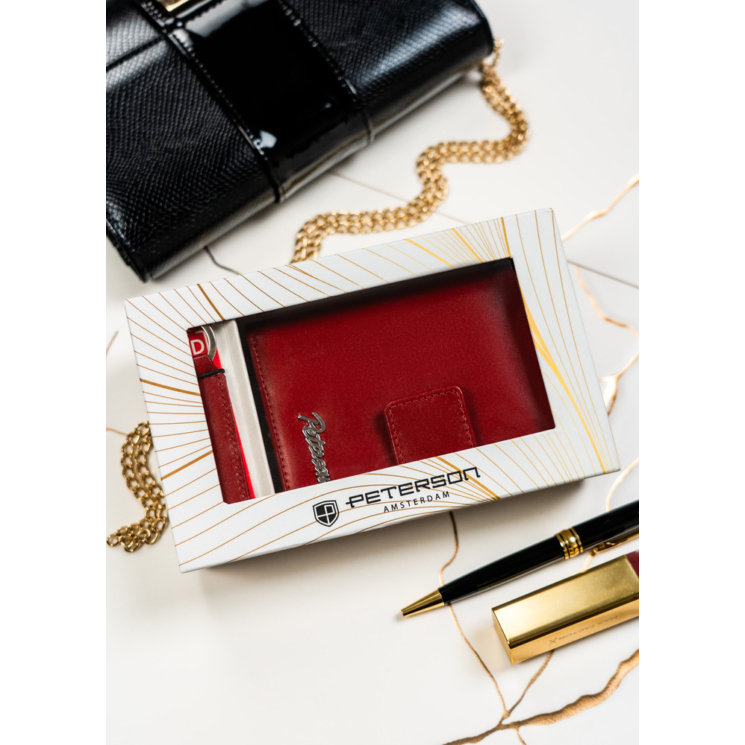 Valódi bőr pénztárca + kulcsatartó Ajándékcsomag piros színben