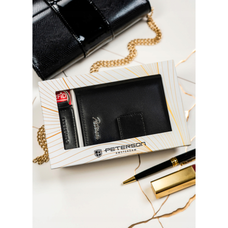 Valódi bőr pénztárca + kulcsatartó Ajándékcsomag fekete színben