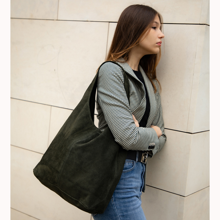 Valódi velúrbőr khakizöld női táska